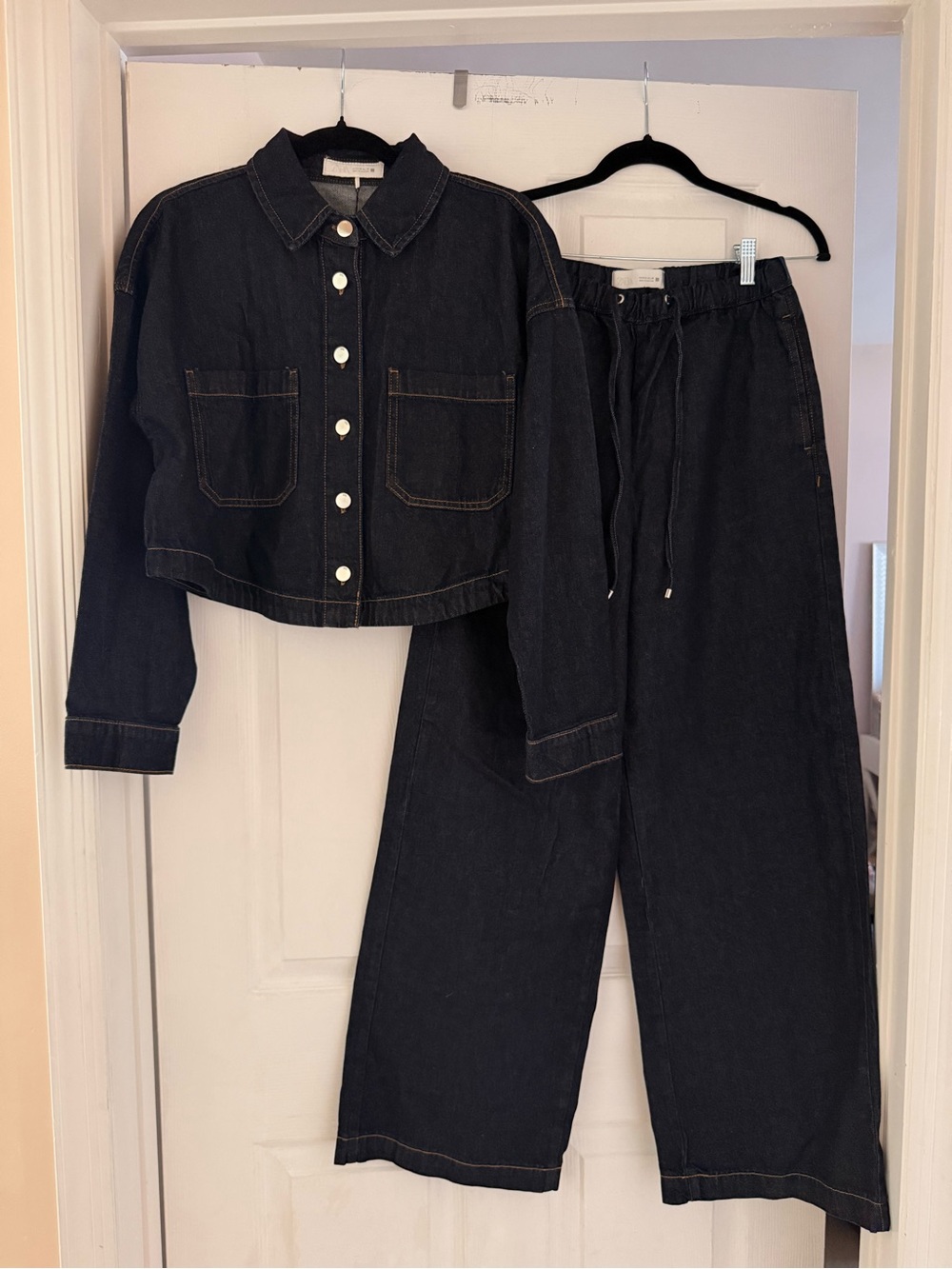 NEW! Zara - Cropped Denim Jacket & Wide-Leg Pants Set - Size S/M - Dark Wash